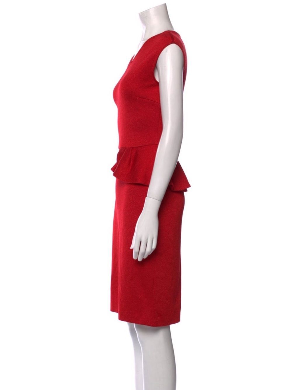 St. John Collection Metallic Knit Sheath Dress Peplum Ruffle V-Neck Size 8 - Picture 4 of 9
